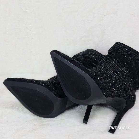 Resolve Sparkling Black Rhinestone High Heel Slouch Calf Boots New Years Bling - Picture 12 of 14